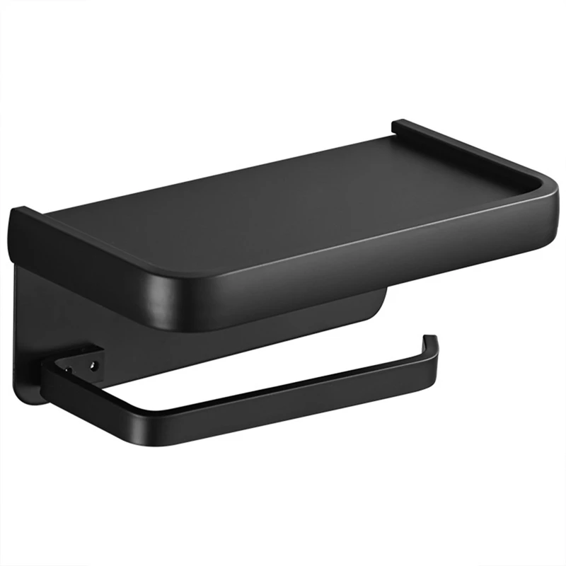 

2X Bathroom Toilet Paper Holder Roll Holder, Black Toilet Paper Holder No Punch Tissue Holder Wall Mounted With Shelves
