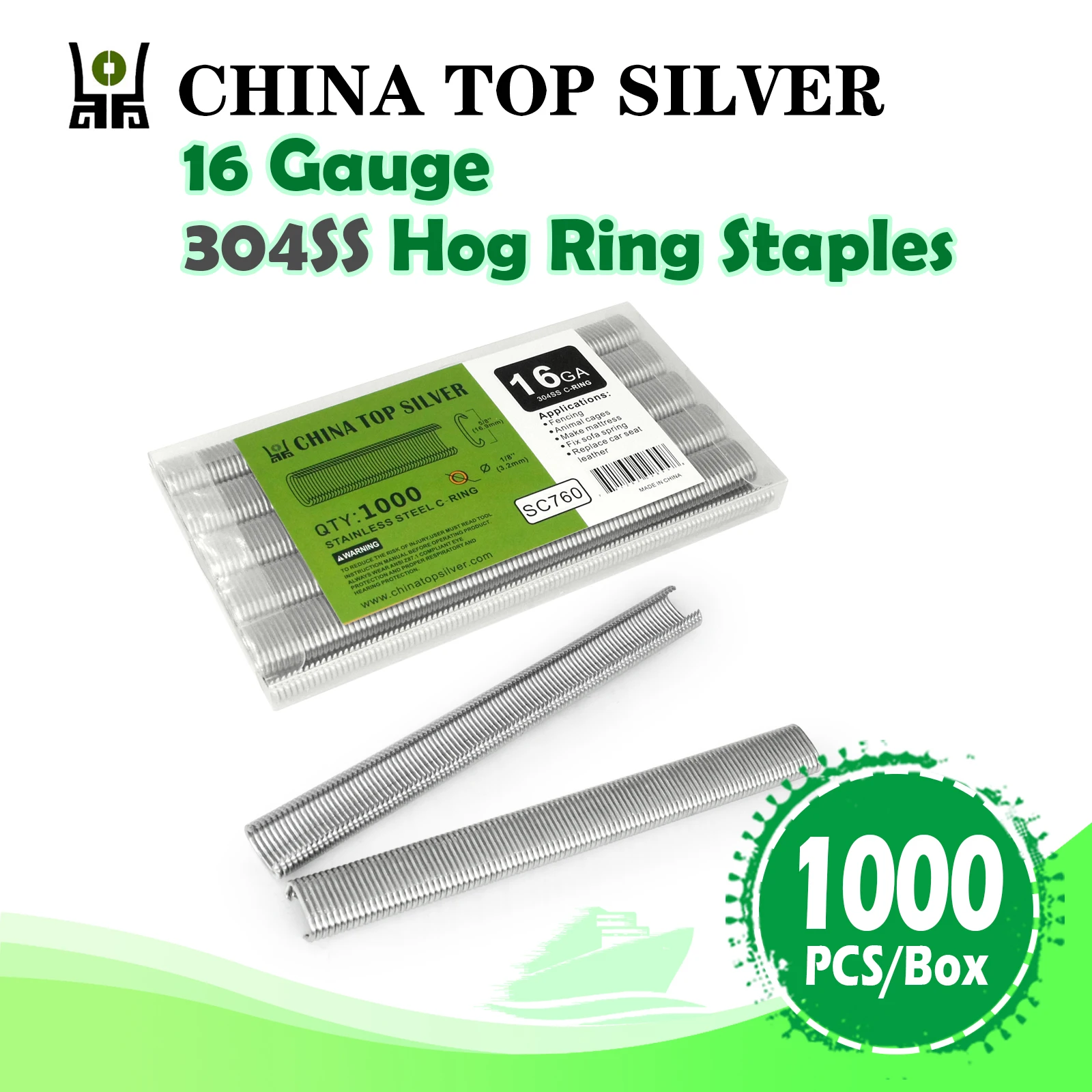 

China-top Silver SC760 16 Gauge 12.5mm Inner Crown 304 Stainless Steel Hog Ring Staples, 1000PCS/Box, for Fencing, Wire Cages