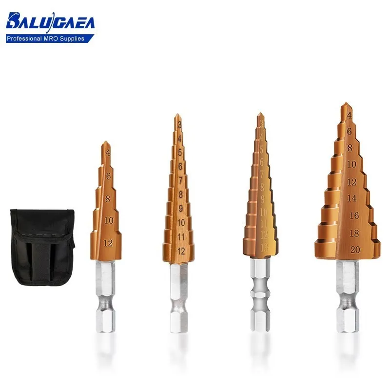 

3-12 4-12/20/32mm Bronze Step Drill Hex Shank Straight Groove Drills Wood Metal Hole Cutter TiCN Coated HSS Core Drilling Tools