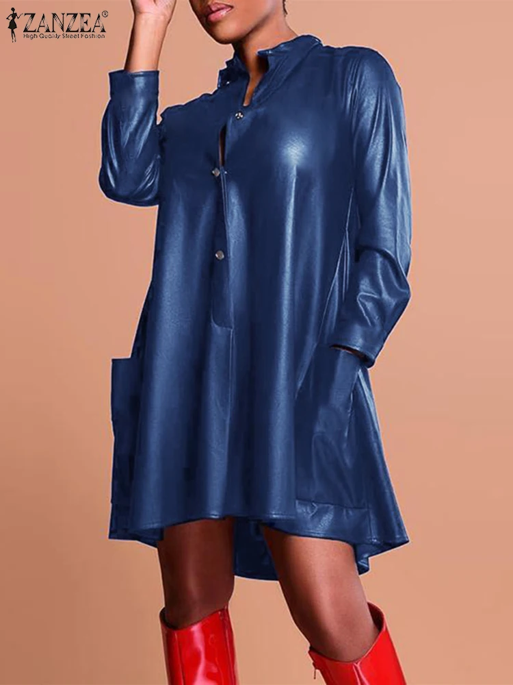 

Модель 2023 года, модное платье ZANZEA с длинным рукавом, женский сарафан из искусственной кожи на пуговицах, винтажное женское платье, Повседневное платье для работы, большие размеры