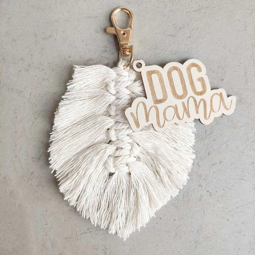 Boho Macrame Tassel Dog MAMA Keychain Engraved Wood Mom Keychain Bag Charm Mommy Mother’s Day Gift for Mom Jewelry images - 6