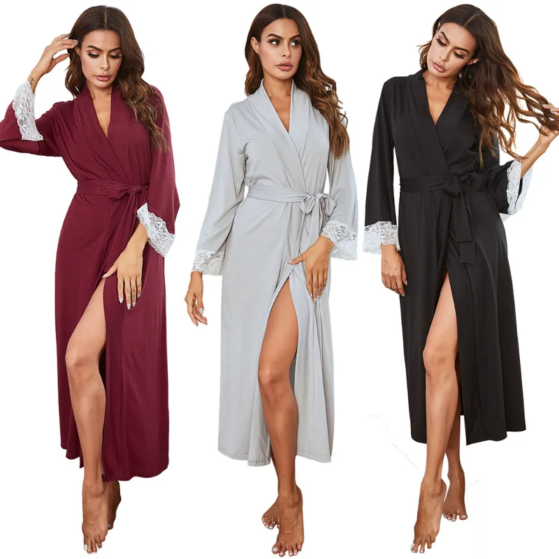 Women's Lace Patchwork Cuffs Mid-length Strapped Robe Bathrobe