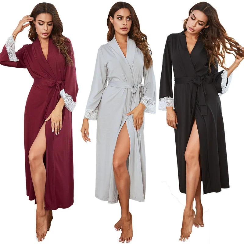 

Women's Lace Patchwork Cuffs Mid-length Strapped Robe Bathrobe