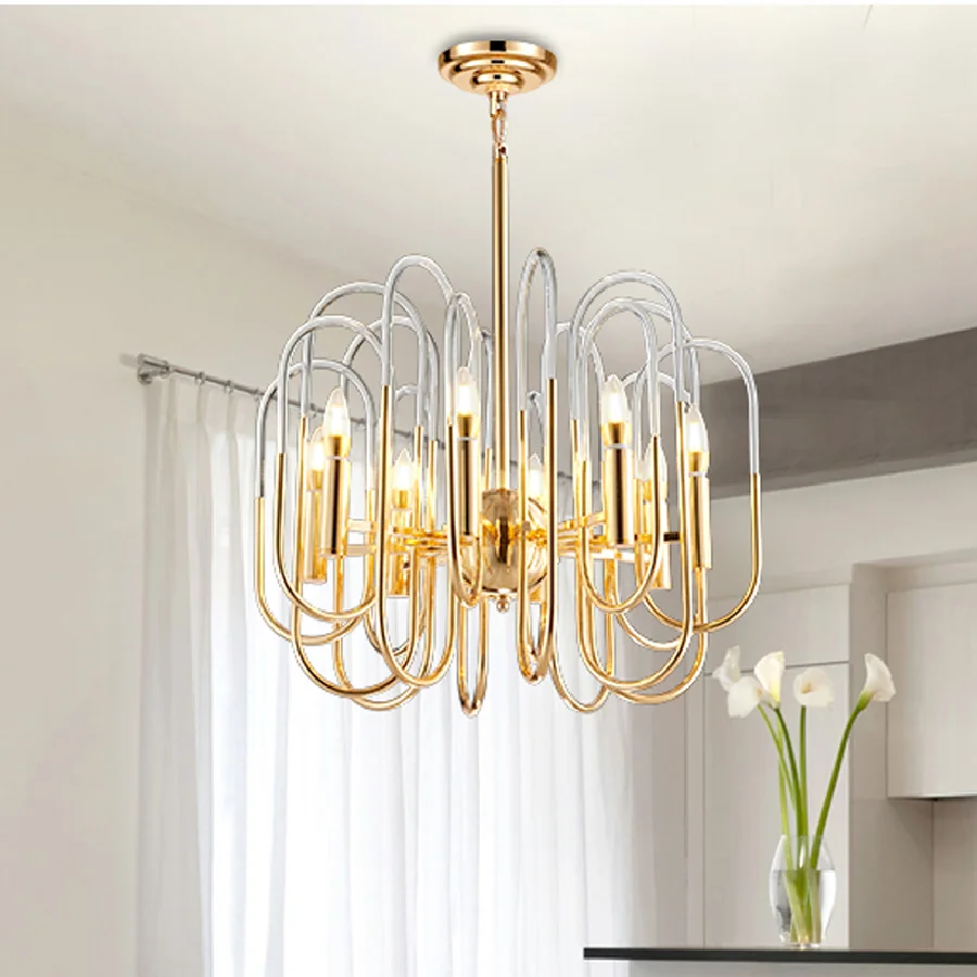 

Postmodern Gold Restaurant Chandelier Lights Creative Simple Acrylic Living Room Villa Bedroom Hotel Fixtures Iron Bar Led Lamp