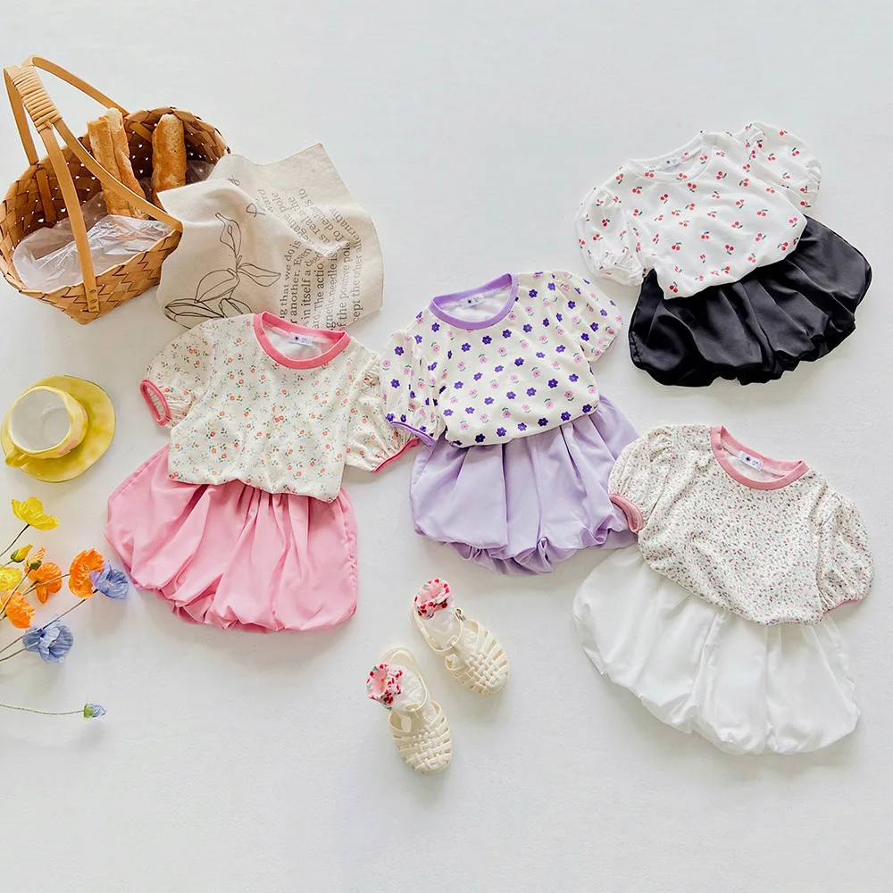 

Cute Baby Girls Floral T-shirts Children Clothes Sets Summer Short Puff Sleeve T-Shirt Kids Girl Tops+Shorts Two Piece Suit 1-8T