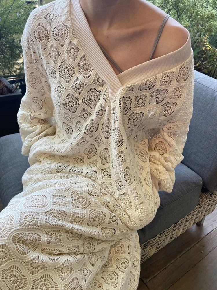 

2022 New Spring Women Lace Hollow Out V Neck Retro Solid Color Long Dress Japan Style Elegant Temperament Loose Straight Dresses