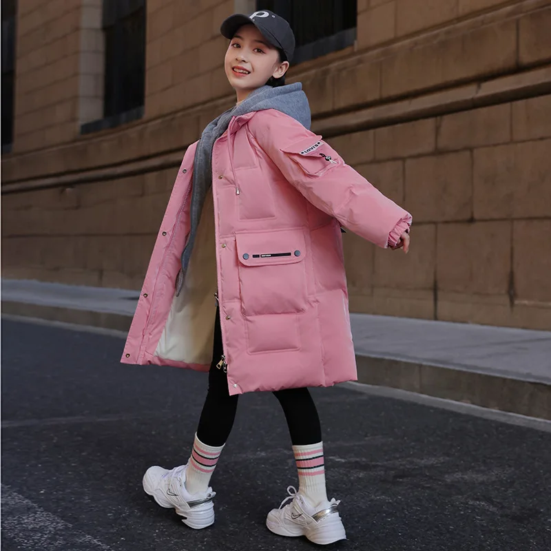 2022 New winter children's down jacket Girls' pink fashion long duck down coat Girls waterproof and anti-fouling warm thick coat enlarge