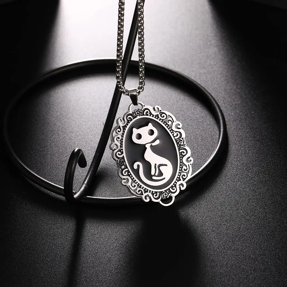 

Stainless Steel Cat Silhouette Cameo Necklace - Gothic Style Pewter Frame Pendant Necklace Mystic Witch Jewelry Gift Accessories