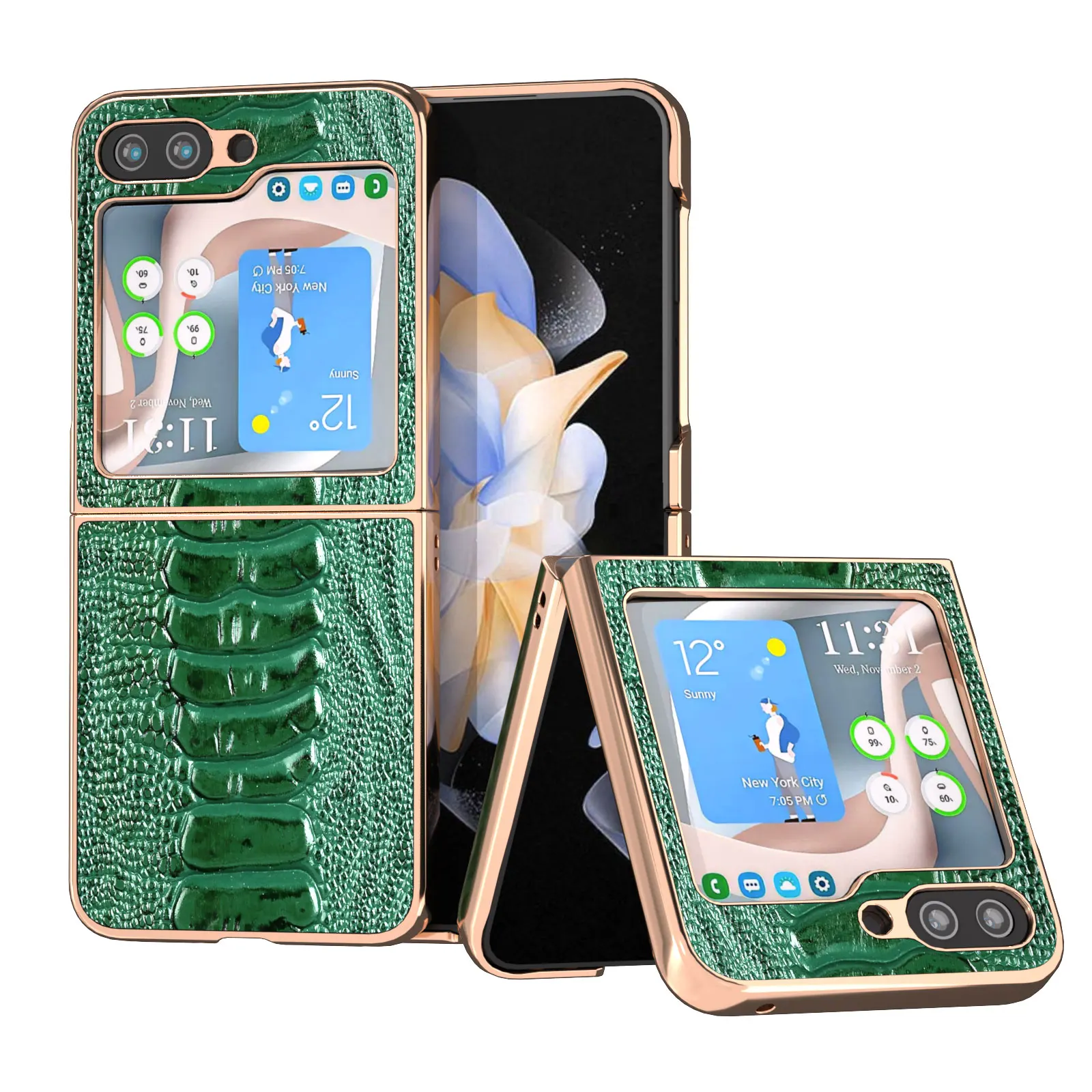 

Genuine Leather Case For Samsung Galaxy Z Flip 5 4 3 Flip5 Flip4 Retro Ostrich Foot Grain Glossy Electroplated Frame Armor Cover