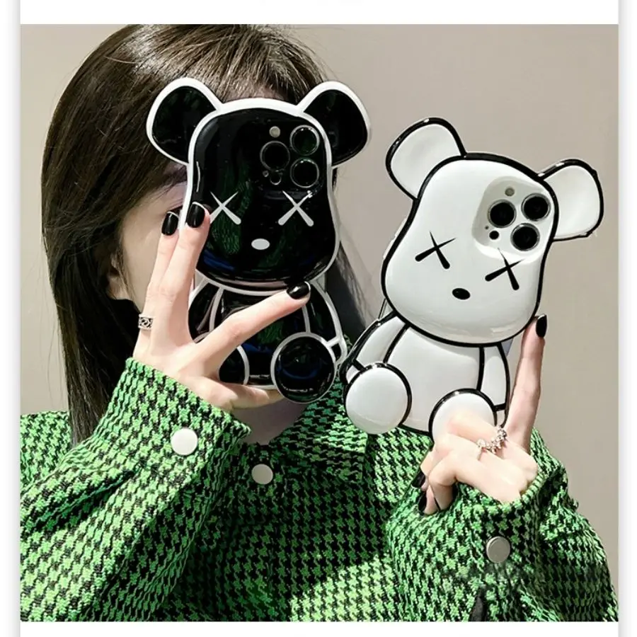 3D Cartoon Black and white bear Silicone Case For iphone 14 13 11 12 Pro Max Cute bear Cover Shockproof For iPhone 14 Case