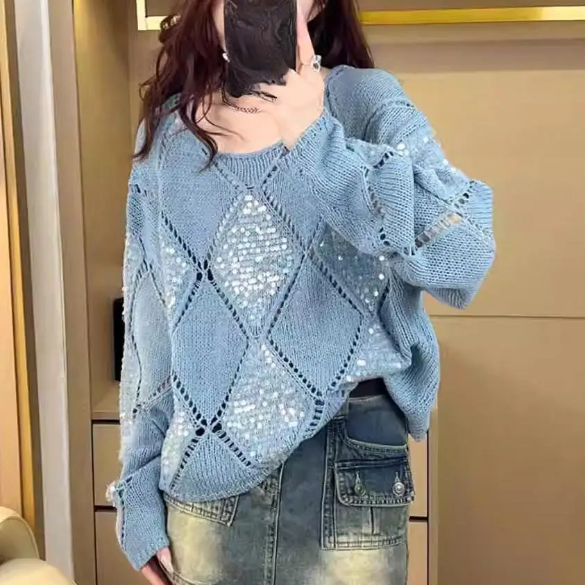 Dimanaf 2024 женские осенние свитера с блестками лоскутная ватная вязка свободный