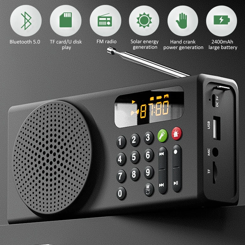 

Portable FM Radio Outdoor Emergency Radio Solar Hand Crank Bluetooth Speaker TF USB MP3 Player with Flashlight Support Mic Input