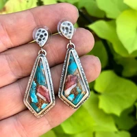 vintage square turquoise earrings boho jewelry vintage silver color metal carving dangle earrings for women