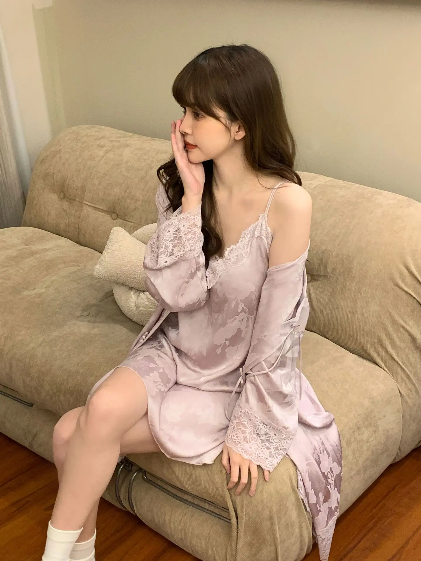 Жаккардовый атласный кардиган в китайском стиле с длинными рукавами и