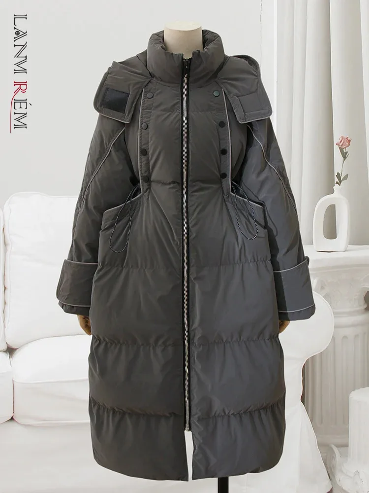 

LANMREM Winter Warm Long Down Coat Women Hooded Patchwork Design Drawstring Solid Color Clothing Fashion Winter New 32C358