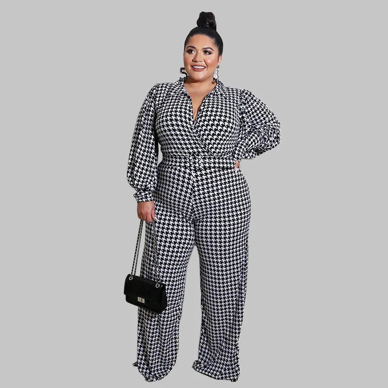 Plus Size Women's Clothing 2022 Summer Fashion Casual Puff Sleeve Houndstooth Print Ladies Jumpsuit XL-5XL Oversized