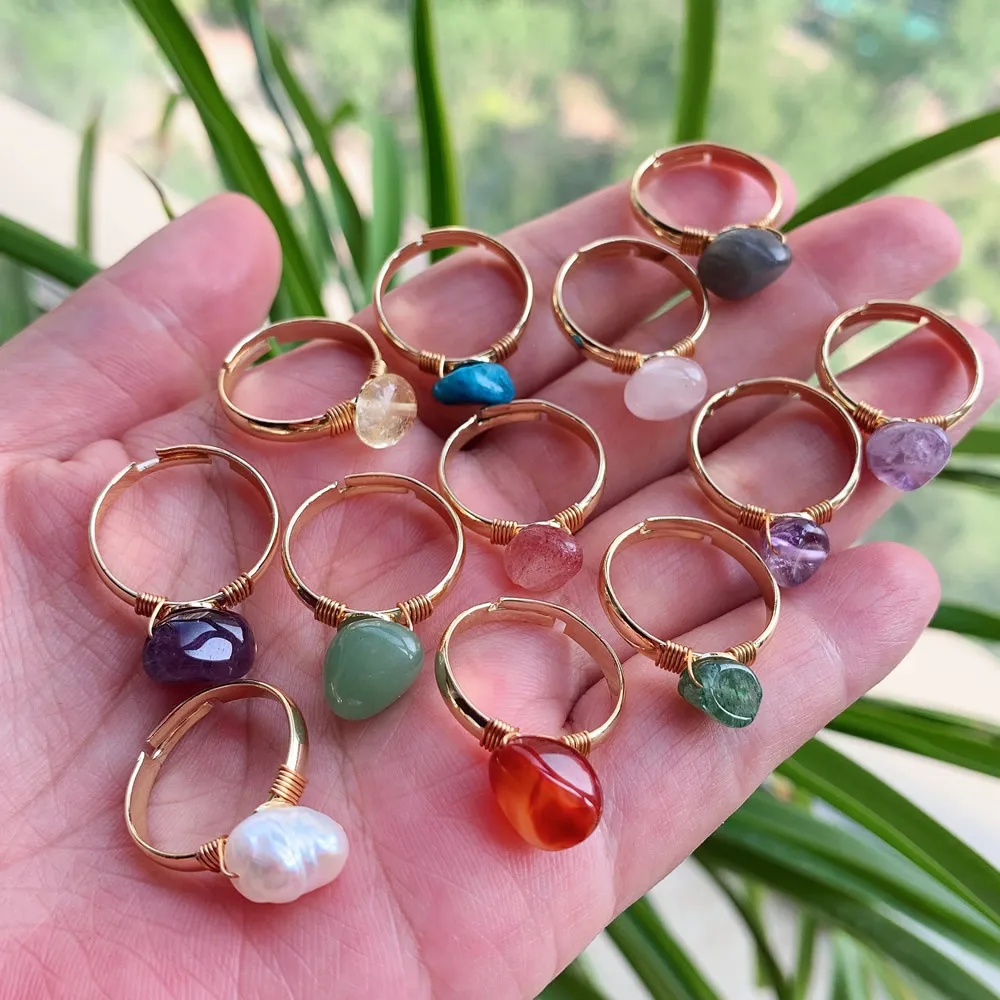 Женские регулируемые кольца с натуральным кристаллом золотистые Агаты