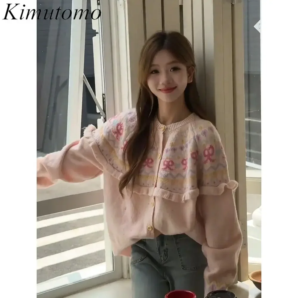 Kimutomo шикарный узор жаккардовый розовый кардиган женский винтажный вязаный с
