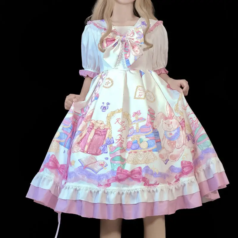 

Lolita Women's Pink White Blue Kawaii Dress Lolita Party Soft Sister Dress Summer Sweet Fresh Kawaii Short Sleeve Dress