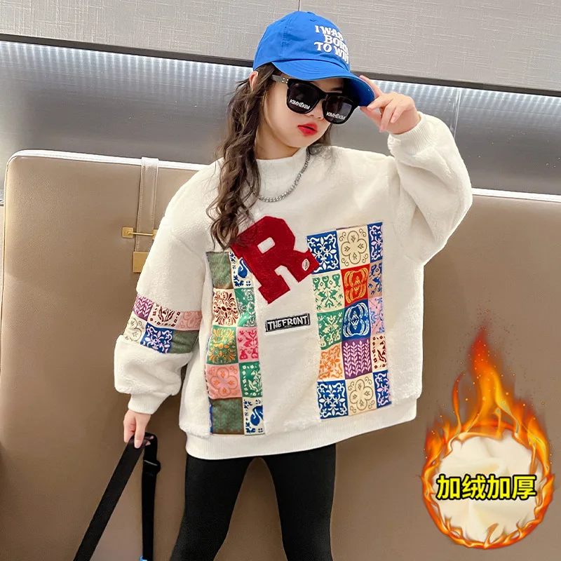 

Одежда для девочек-подростков, Модный свитшот, Новый Повседневный пуловер с буквенным принтом, зимняя детская одежда, плотный теплый топ из бархата для 4-14 лет