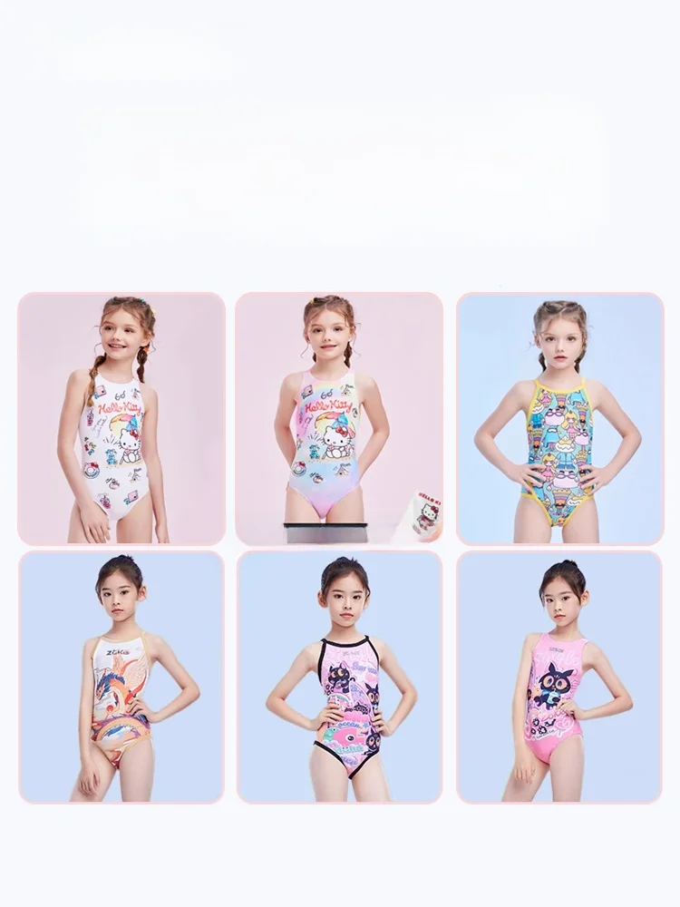 Zoke Kids Swimsuit Girl Medium and Small Children Youth Siamese Triangle Professional Training Competition