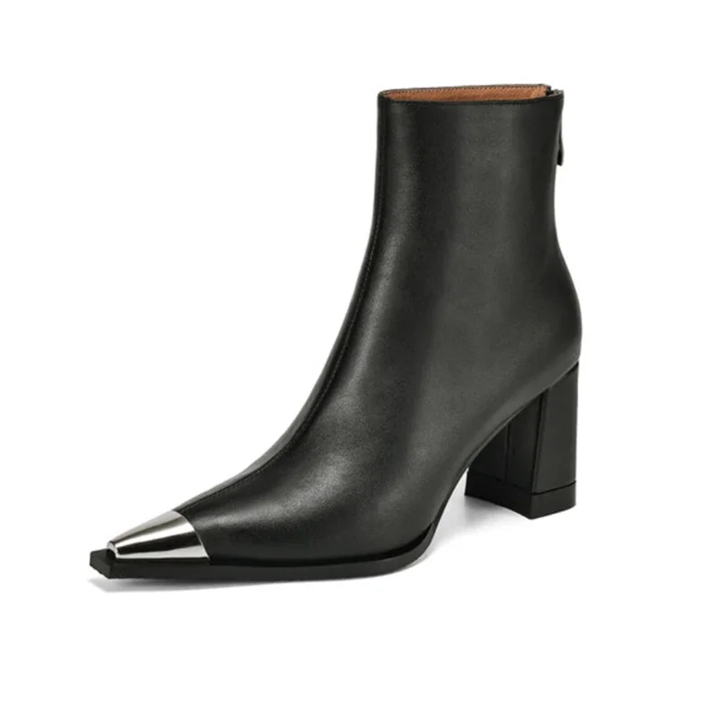 Женские ботильоны с острым носком кожаные туфли на высоком массивном каблуке