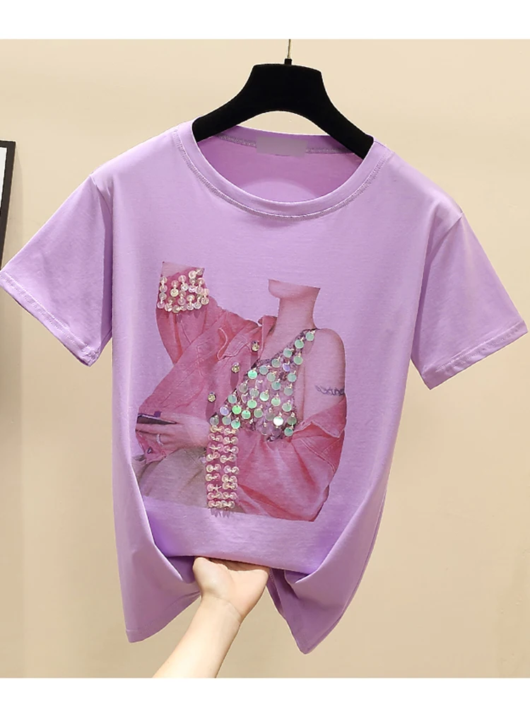 

Korean Style Clothes Women 2022 Cotton Tshirts Summer Womens Tops Fashion Bead Short Sleeve Tees Print T Shirt Tee Shirt Femme