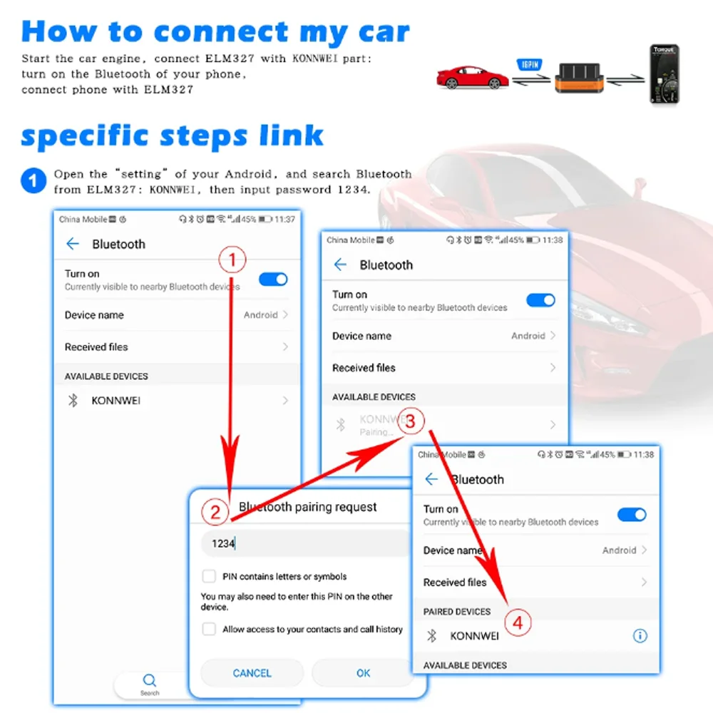 Фото Новый KONNWEI KW901 ELM327 V1.5 Bluetooth5.0, автомобильный сканер OBD2, Android/IOS, автомобильный диагностический инструмент, считыватель кодов, pk Vgate ICAR2 №4