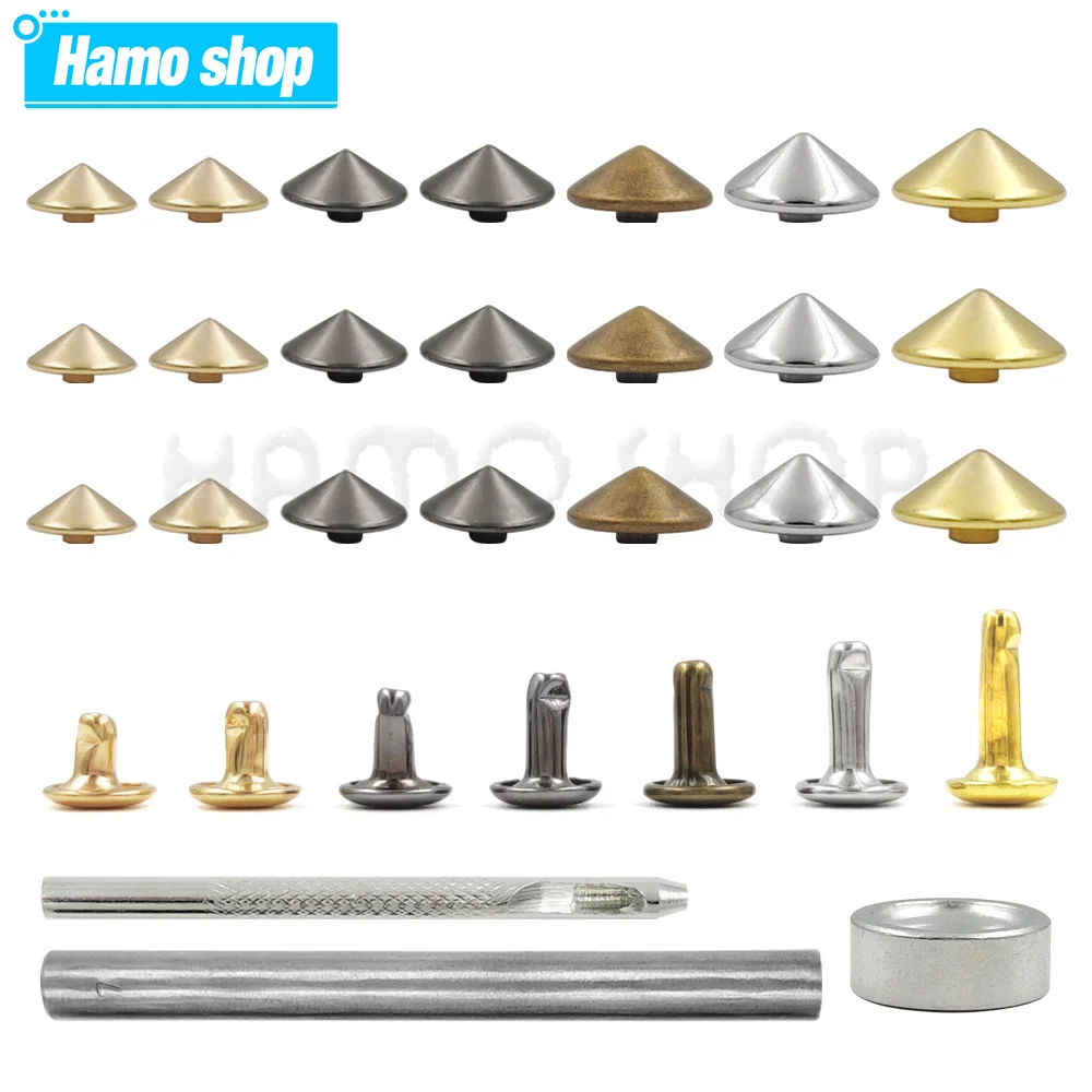 

100sets 5-12mm Conical Rivet Spikes With Round Rivet Base And Tools For Clothes Shoes Pet Collar Decor Leathercraft Accessories