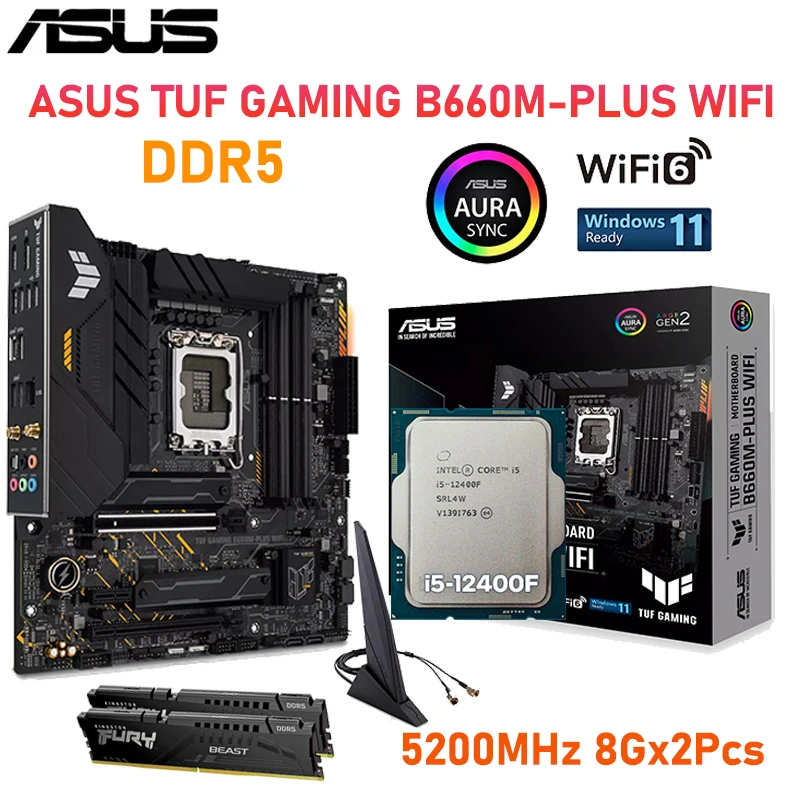 

LGA1700 TUF GAMING B660M-PLUS WIFI DDR5 Motherboard With Intel Core i5 12400F Mainboard Kingston 5200MHz 8GB 2Pcs Memory Combo