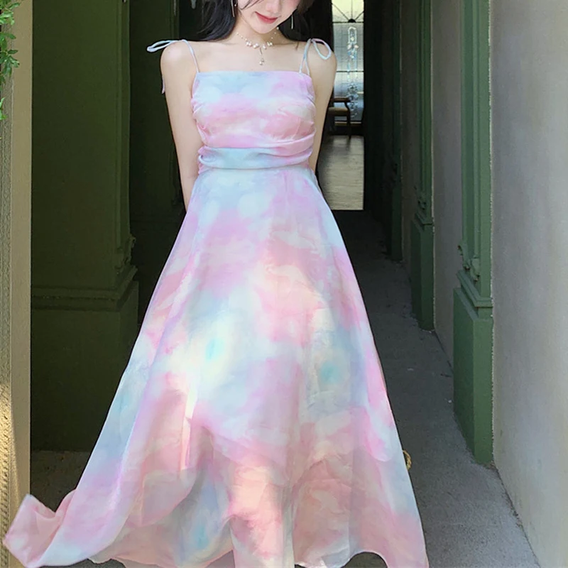 

Beach Style Female Dress 2022 Summer New Rainbow Color Gentle Sexy Spaghetti Strap Lace Up Square Collar Midi Women Dresses