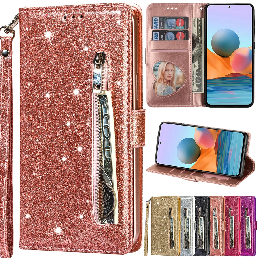 Wallet Glitter Leather Case For Xiaomi Redmi Note 11 Pro 10 Pro 9 Pro 8 10C 9A 9C 9T Poco X3 X4 X5 Pro M5 C40 11T 12 Lite 12T