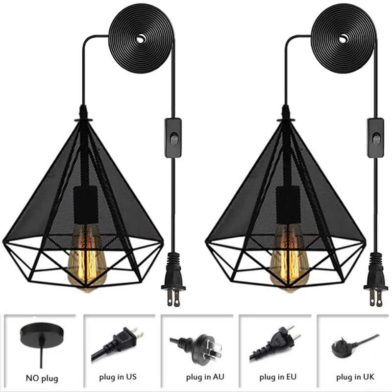 

2 Pack Industrial Style Pendant Light Fixtures Black Plug In Ceiling Lamp Fixtures Vintage Metal Wire Cage and Fabric Hanging