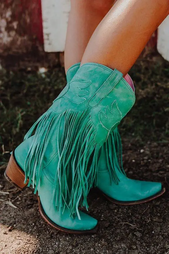 Cowgirls Cowboy Boots For Women Fringe Love Pattern Chunky Heels Pointed Toe Western Boots Slip On Shoes Female plus size 45