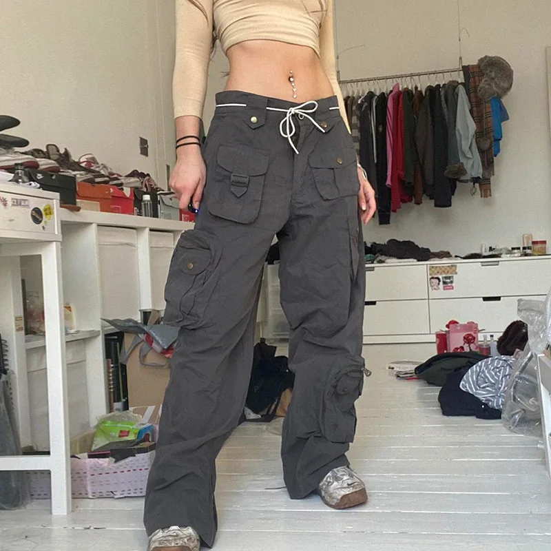 

2022 Baggy Cargo Jean With Multiple Pockets Vintage Aesthetic High Waist Sweatpants Joggers Women Harajuku Basic Streetwear Pant