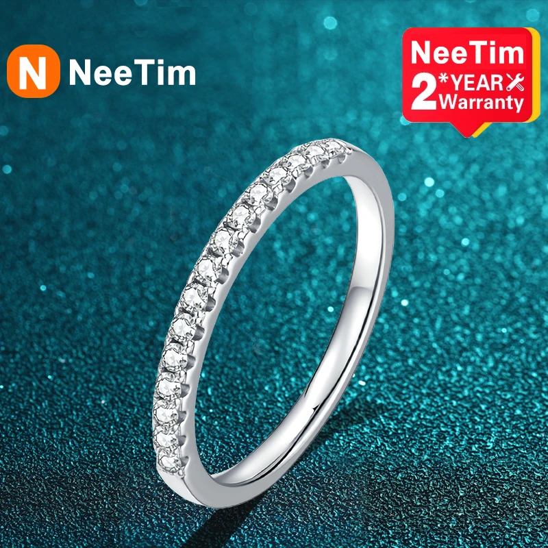 NeeTim Moissanite Ring 925 Sterling Silver with White Gold Plated Full Diamond Eternity Band Engagement Wedding Rings for Women