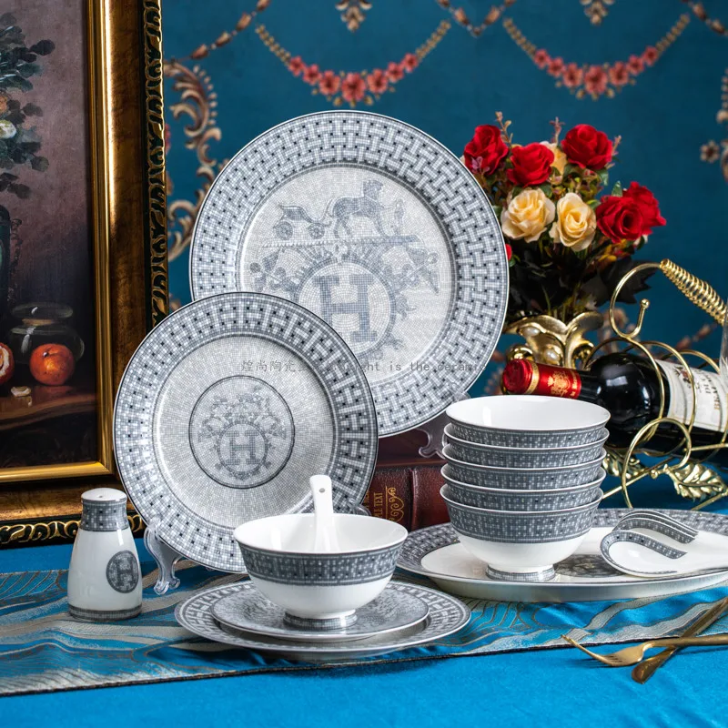 

Light Luxury 58-Piece Tableware Set Plate Ceramic Bone China Noodle Bowl Set of Dishes and Bowls Chopsticks Gift