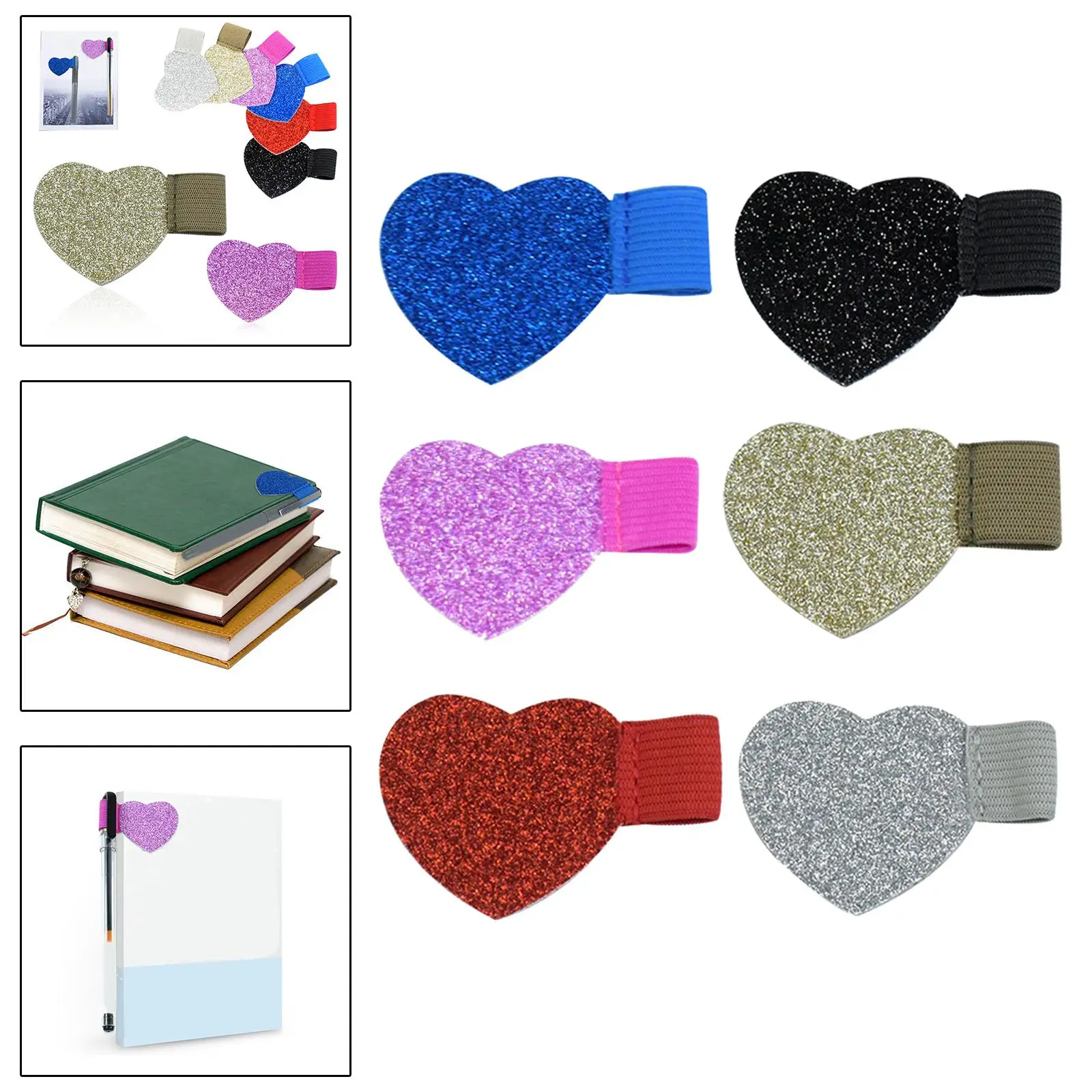 

6x Shiny Pen Clip Elastic Loop Heart Shaped Pens Ring for Students Tablet Case Clipboards
