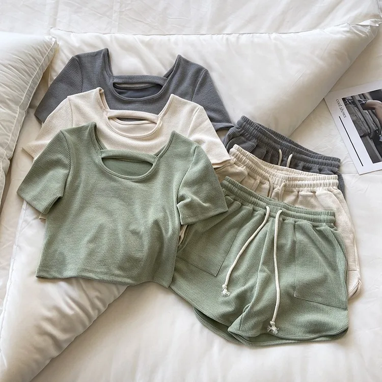 Summer Cool Suit Feminine Short Slim Fit Short Sleeve T-Shirt + High Waist Wide Leg Sports Shorts