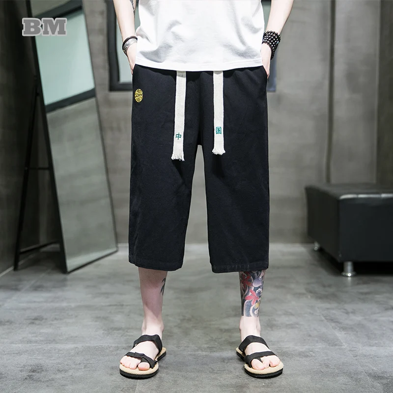 

Summer Chinese Style Thin Cropped Trousers Retro Plus Size Embroidery Straight Leg Casual Pants Loose Beach Pants Men Clothing