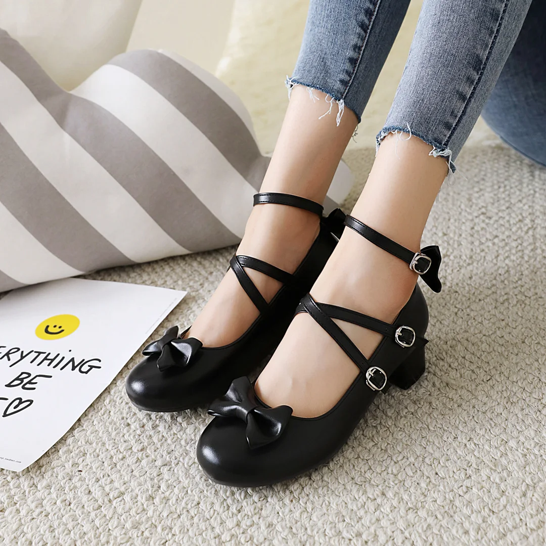 Big Feet Plus Size Women Round Toe Lolita Princess Party Shoes Ankle Strap Med Heel Leather Cosplay Pumps Sweet Bowtie Jk Black