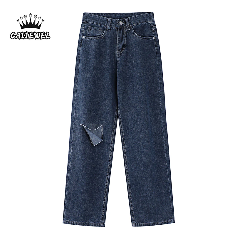 

Women's Spring Ripped Jeans Wide Leg Pants High Waist Vintage Baggy Straight Pants Casual Self Cultivation Denim Trouser Ladies