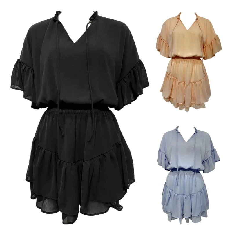 

M89E Womens Summer Ruffle Dress Smocked Short Sleeve V Neck Mini Dresses
