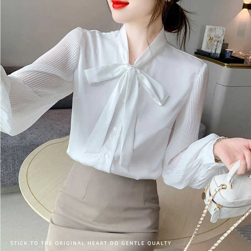 Женская шифоновая блузка с длинным рукавом и бантом на воротнике 2024