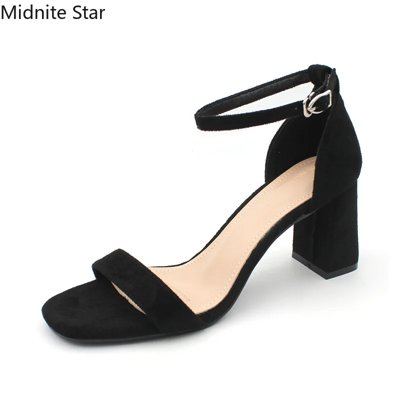 

2022 Summer New Thick-heeled High-heeled Shoes All-match Suede Open-toe One-word Buckled Sandals Women's Heel Height 5CM,7CM