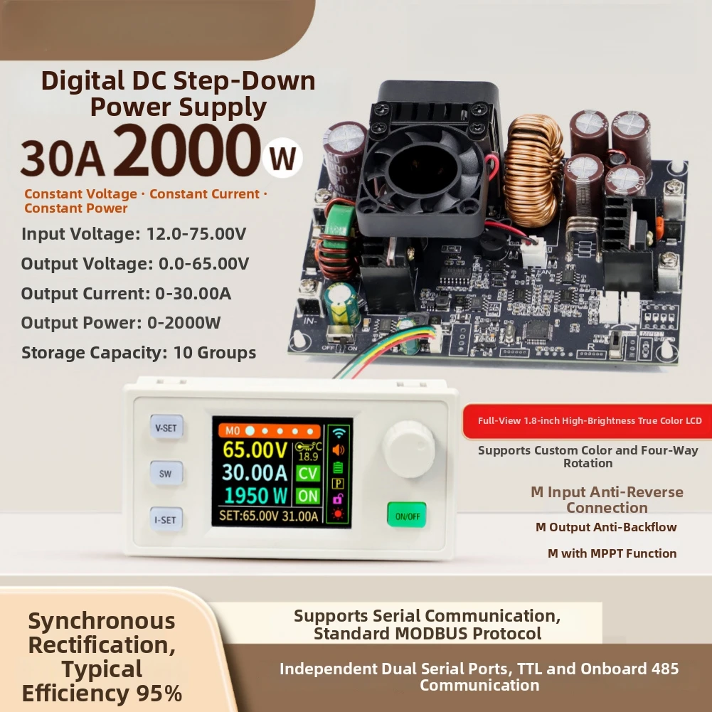 Фото Регулируемый источник питания постоянного тока CNC XY6530S 2000W, 0-65В 0-30А, понижающий модуль с MPPT-трекингом солнечных батарей и портом RS485 №4