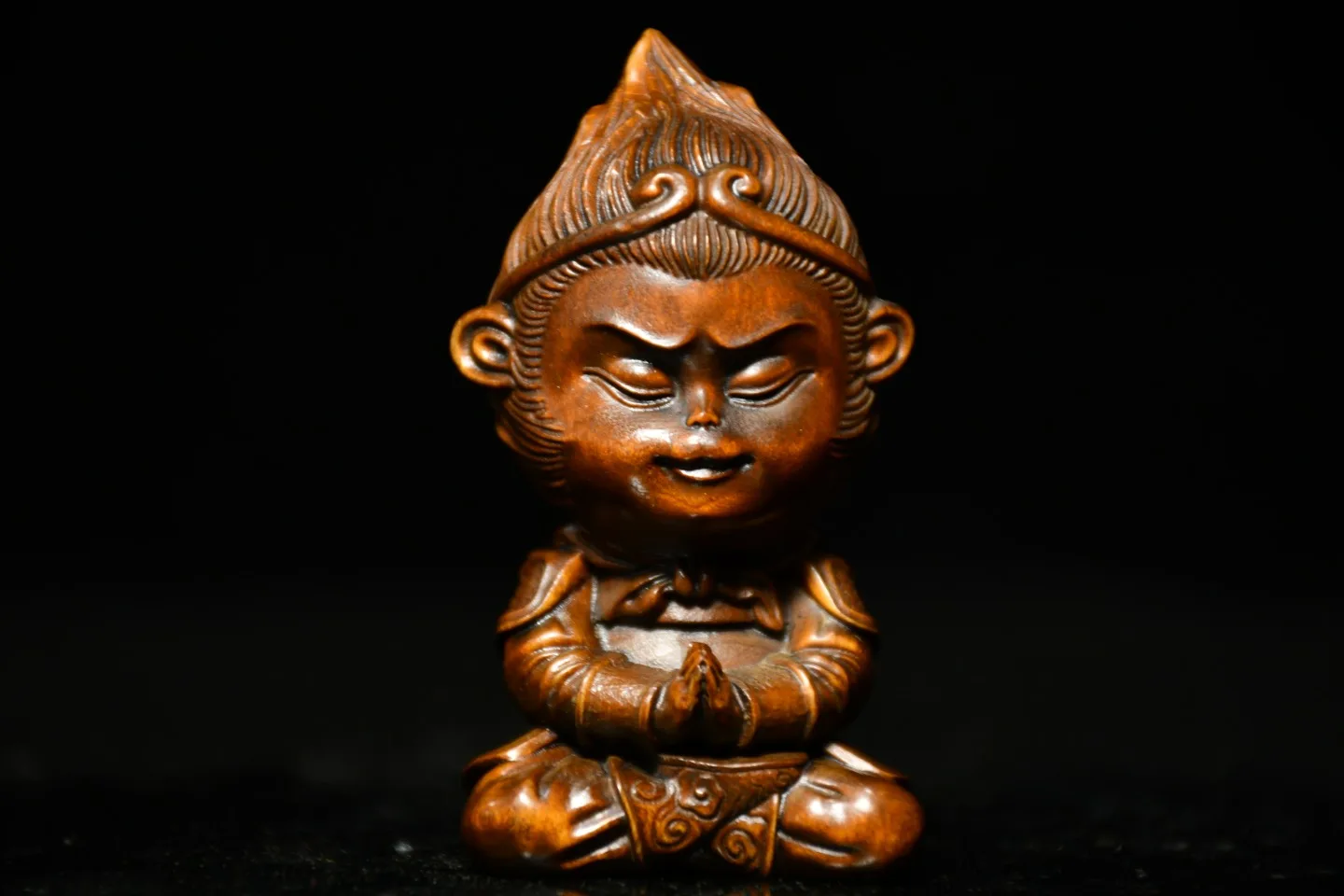 

3"Chinese Folk Collection Boxwood Cartoon Monkey King Sun Wukong Buddha statue ornament Town house Exorcism