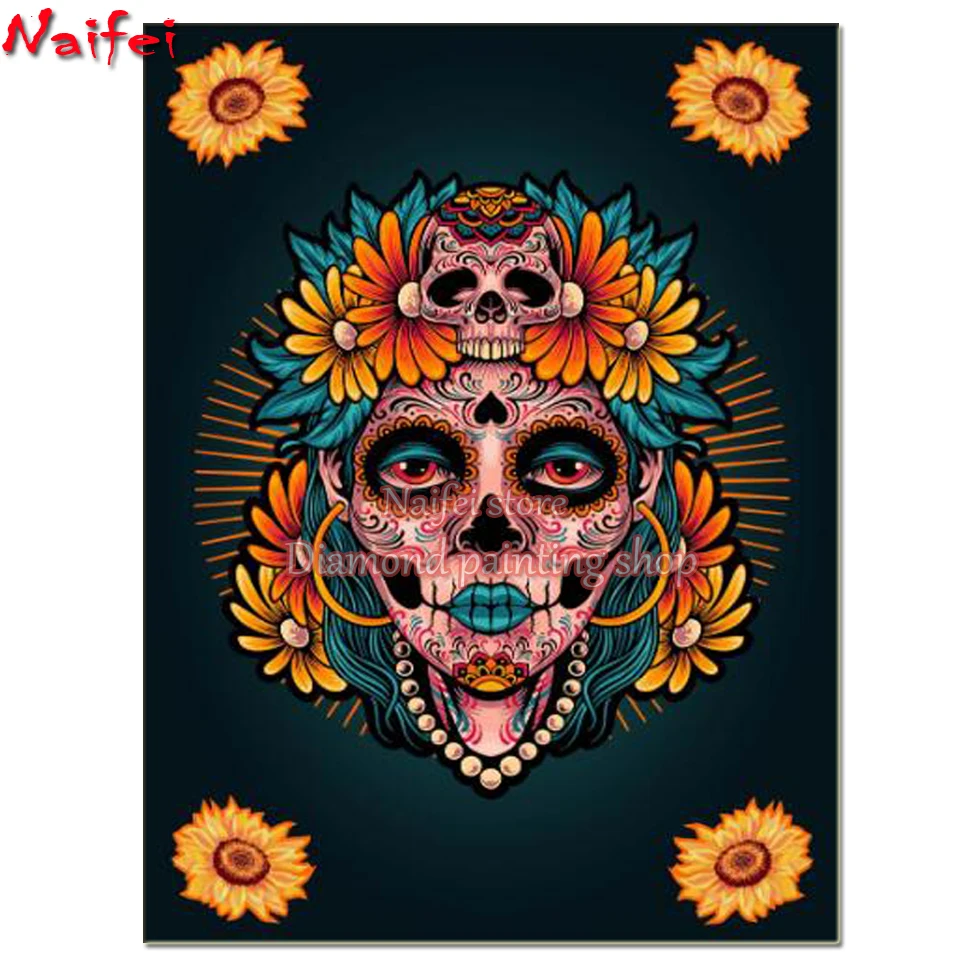 Diamond Painting Day Of The Dead Flower Girl Cross Stitch Crystal Rhinestone Mosaic Kits Full Diamond Embroidery Handmade Gift