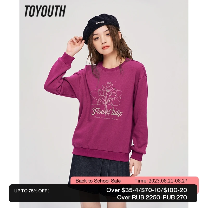 

Toyouth Women Fleece Sweatshirt 2022 Winter Long Sleeve O Neck Hoodie Flower Butterfly Print Multicolor Casual Basic Pullover