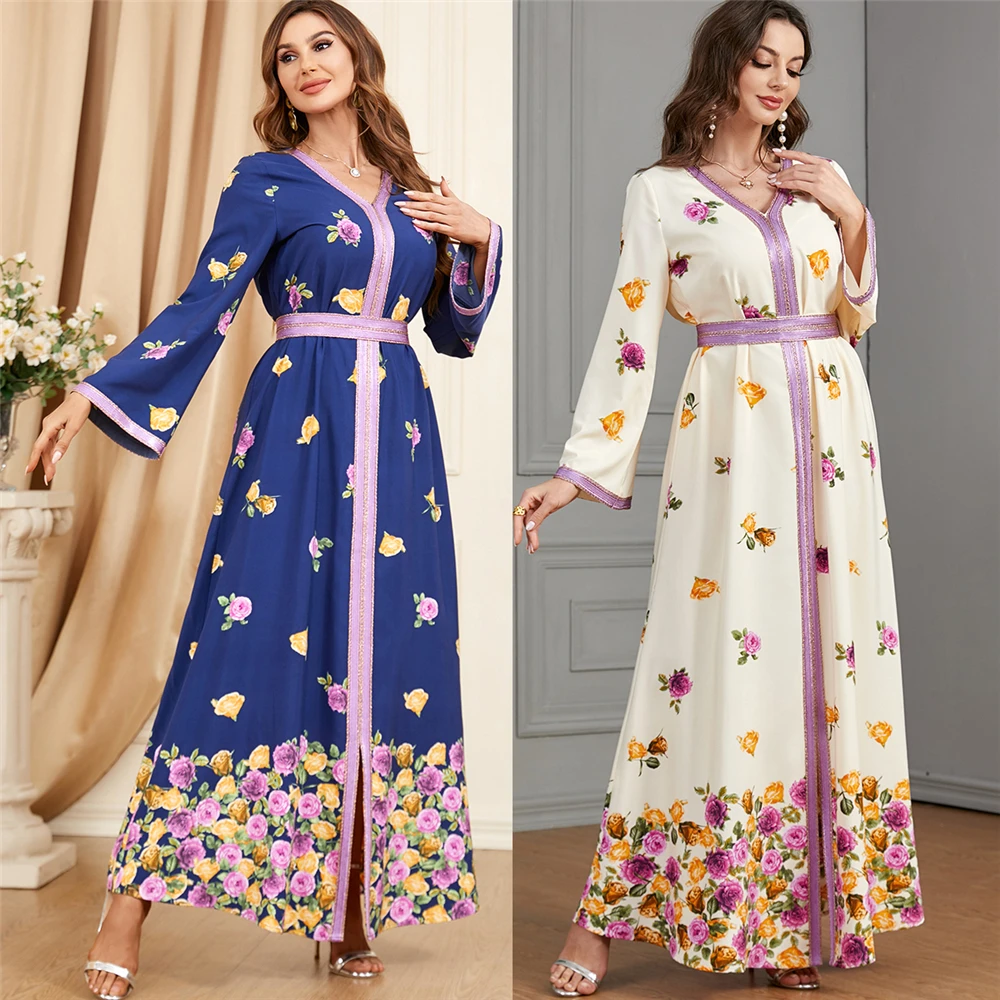 

2023 Muslim Women Floral Print Long Maxi Dress Moroccan Kaftan Belted Abaya Islamic Gulf Jalabiya Dubai Turkey Caftan Robe Gown